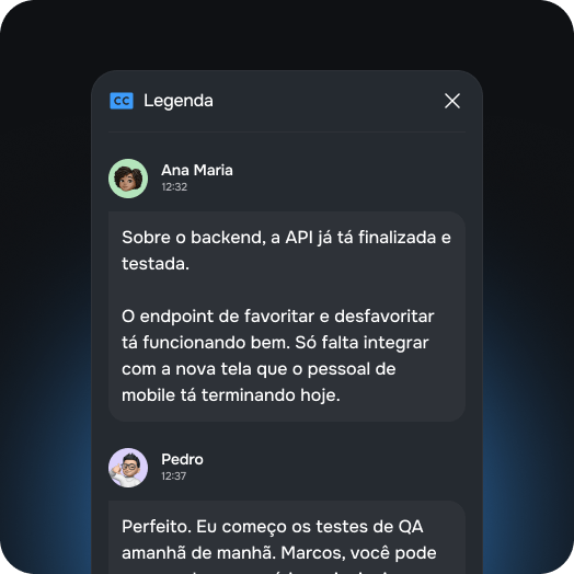 Interface mostrando transcrição automática de conversa em múltiplos idiomas