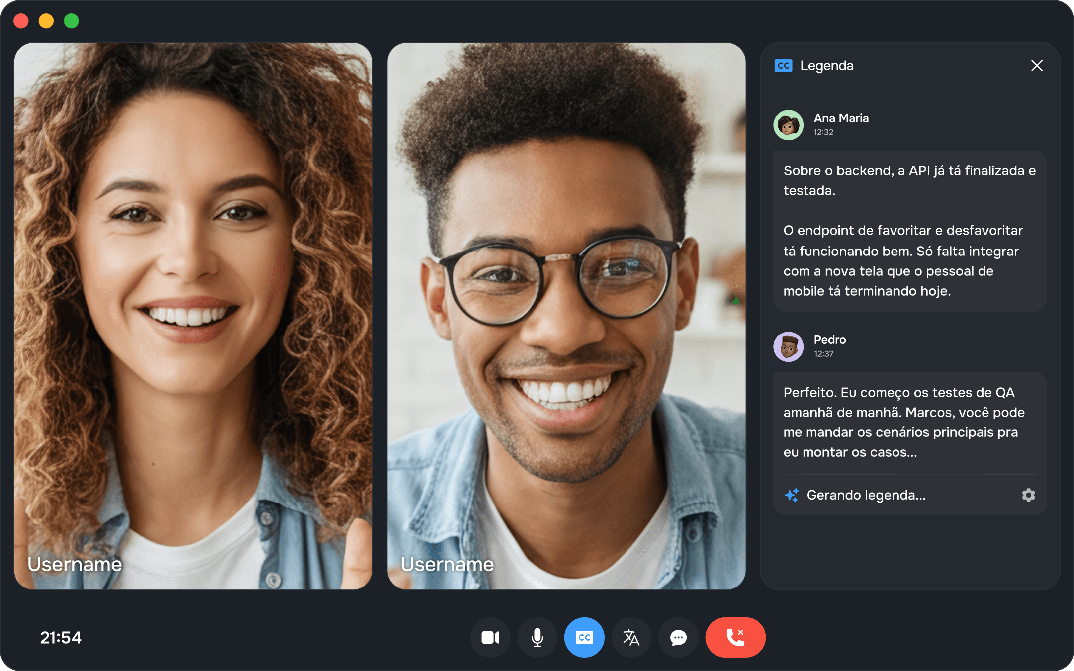 Demonstração de videochamada com tradução em tempo real